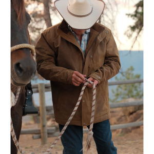 man wearing an oilskin jacket