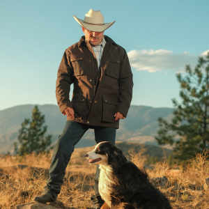 Man wearing an oilskin jacket and cowboy hat
